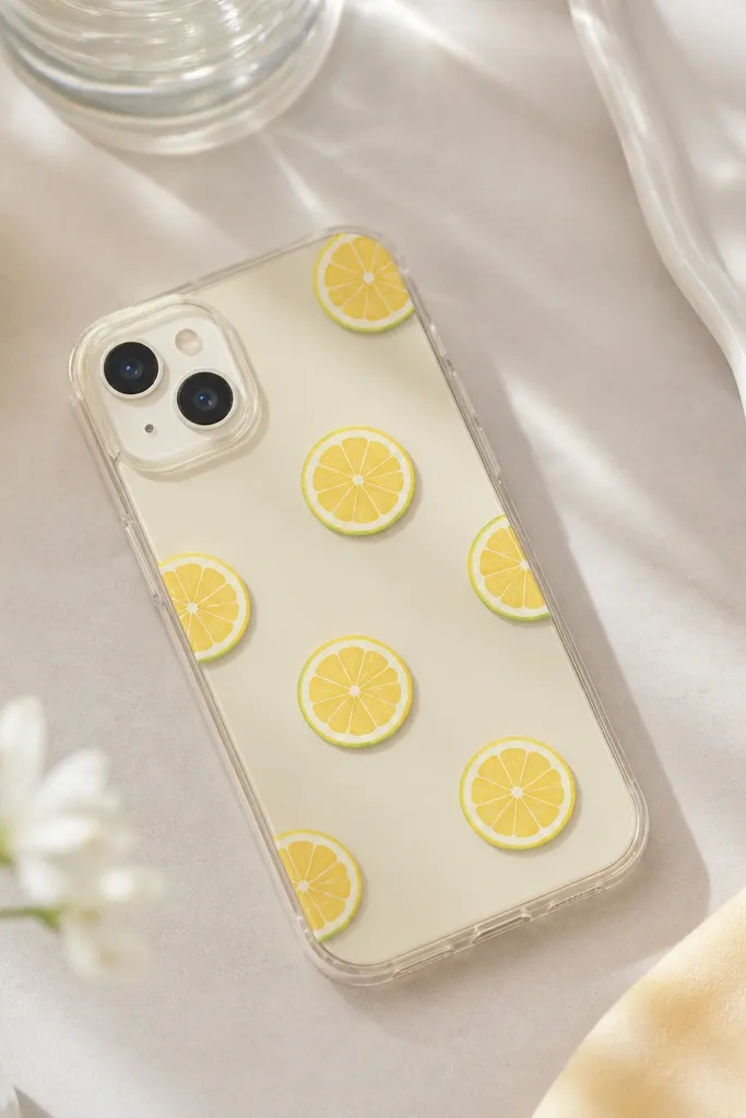 A clear or pale yellow phone cover with lemon slice stickers scattered across the back. The lemons have bright yellow centers and light green rinds. There's some negative space so the stickers don't cover the entire surface.