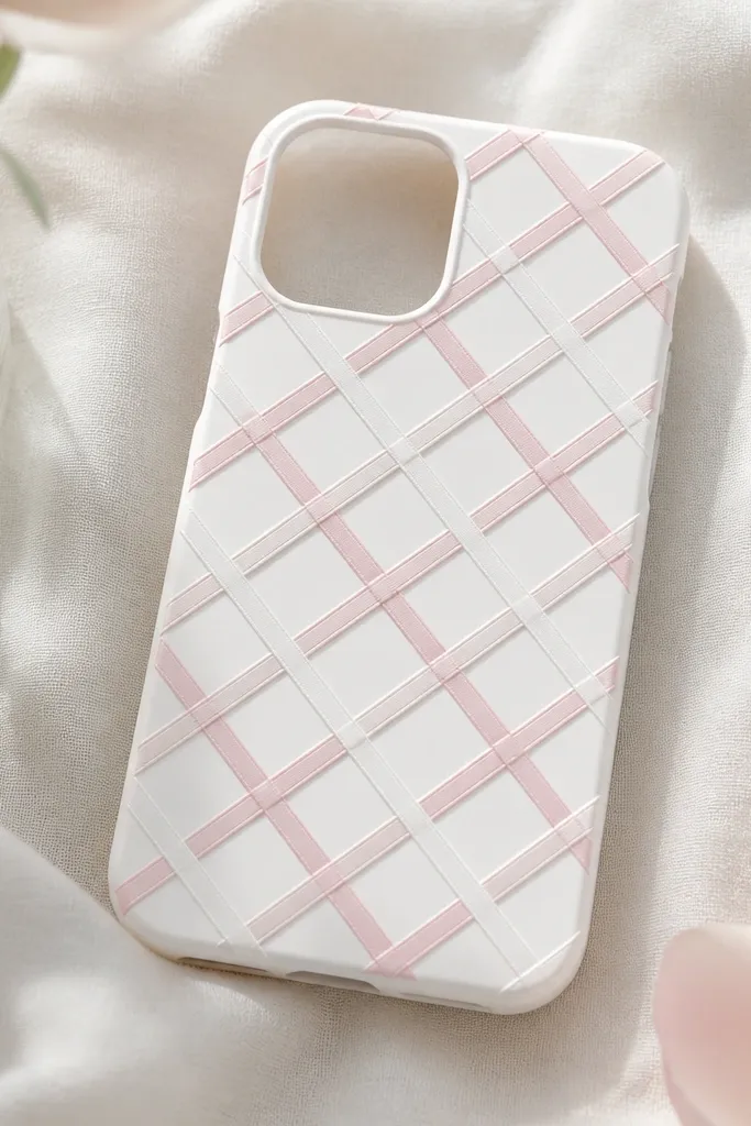 A white phone cover with a small ribbon lattice pattern across the back. Narrow pink and white ribbon strips crisscross in a grid, and the camera area is left blank. The ribbon edges are tidy and flat.