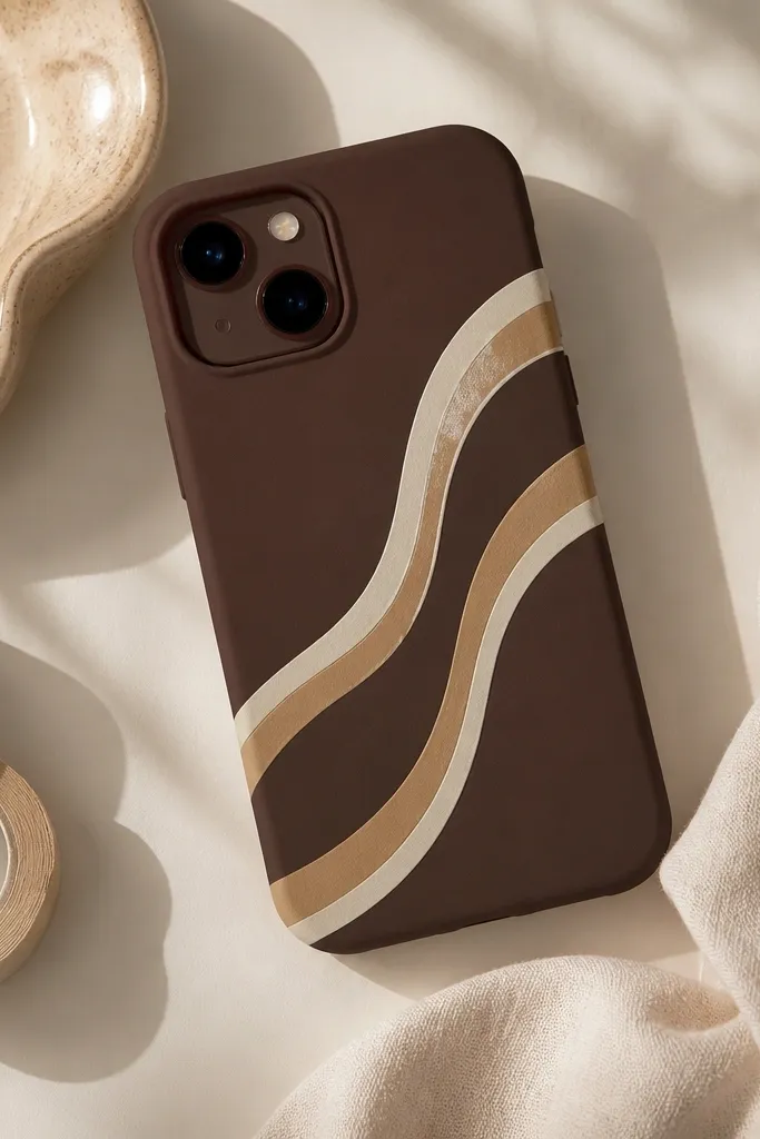 A warm chocolate-brown phone cover with flowing wave lines made from washi tape in cream and light tan. The waves curve diagonally across the back. The camera area remains plain brown.