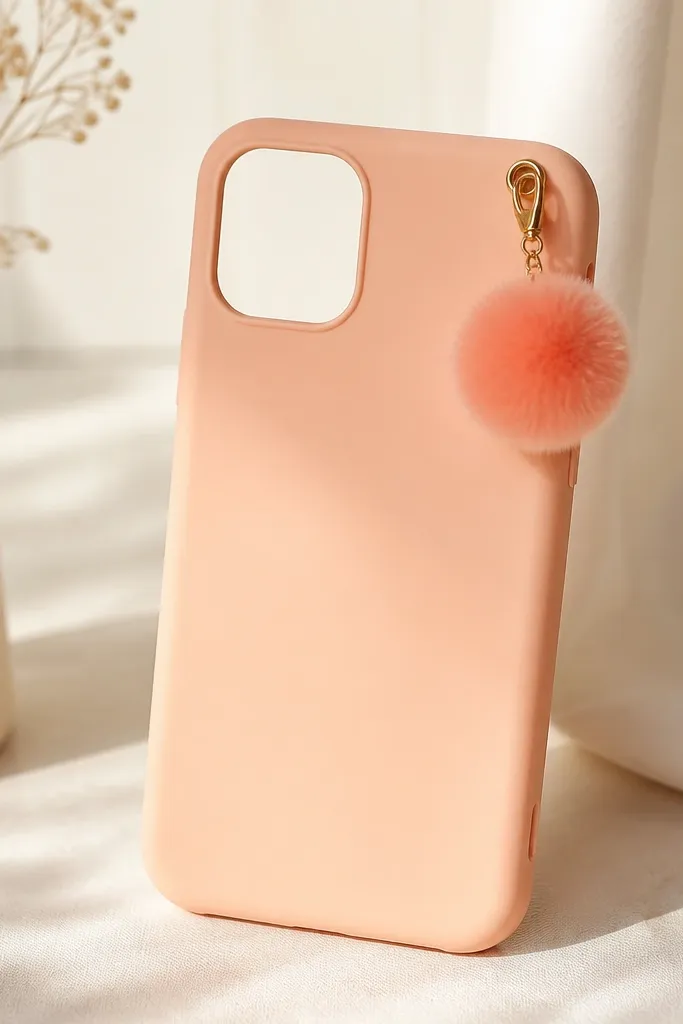 A light peach phone cover with a single pom-pom charm attached at the top corner. The pom-pom is small and fluffy, peach to coral gradient, and the rest of the cover is plain with a clean camera cutout.
