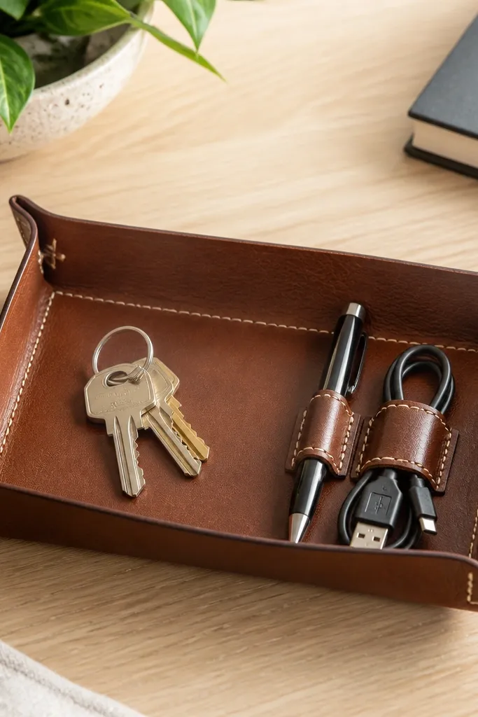A small brown leather valet tray on a light wood desk. It has a folded belt strap border, a flat center for keys, and two small stitched loops for a pen and a USB cable. The stitching is visible in a contrasting cream thread.