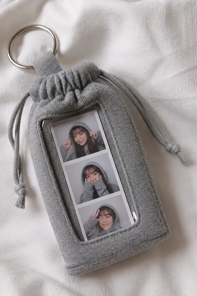 A tiny keychain pouch made from gray hoodie fabric. Inside a clear window is a small printed photo strip. A drawstring cinches the top shut, and a metal key ring hangs from a stitched loop.