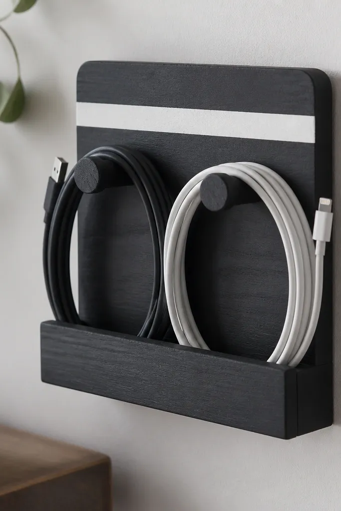 A small wooden backing board mounted on a wall with two dowel pegs and a bottom lip. Cables loop around the pegs and tuck into a neat curve. The board is painted matte charcoal with a white label strip.
