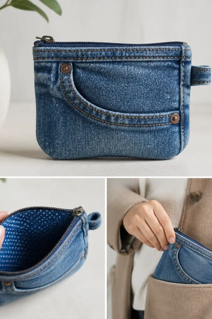 A compact pouch made from the front pocket of blue jeans. It has an added zipper at the top, a small stitched loop on the side, and a lining that's patterned in small dots. It's sized to fit in a coat pocket.