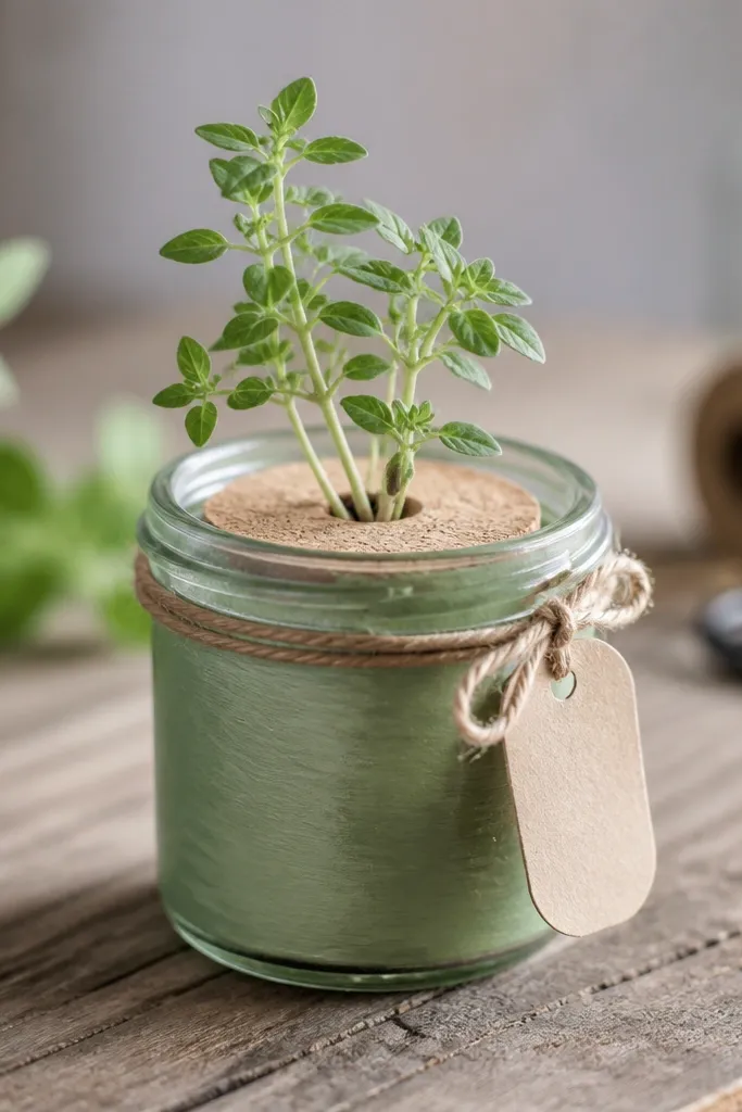 A small glass candle jar painted with a thin matte green wash and wrapped with twine. A drainage hole is visible under a small cork insert. A tiny herb seedling sits inside, and a mini hand-lettered tag hangs from twine.