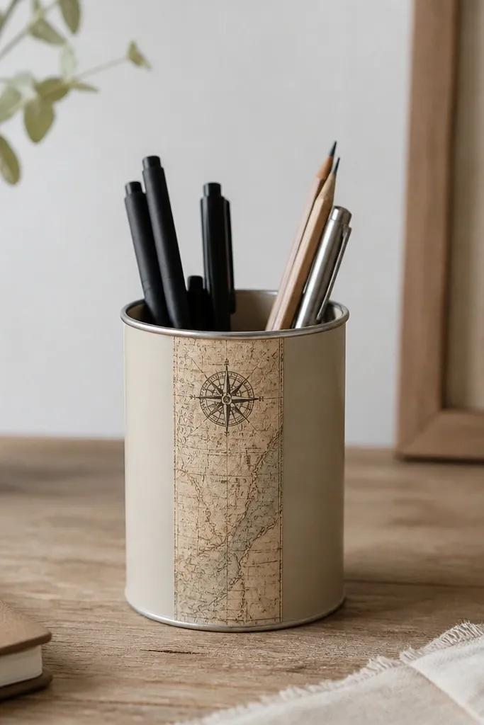 A small metal tin pen cup wrapped in a narrow strip of vintage map paper. The strip has a stamped compass mark near the top. The rest of the tin is painted a muted sand color.
