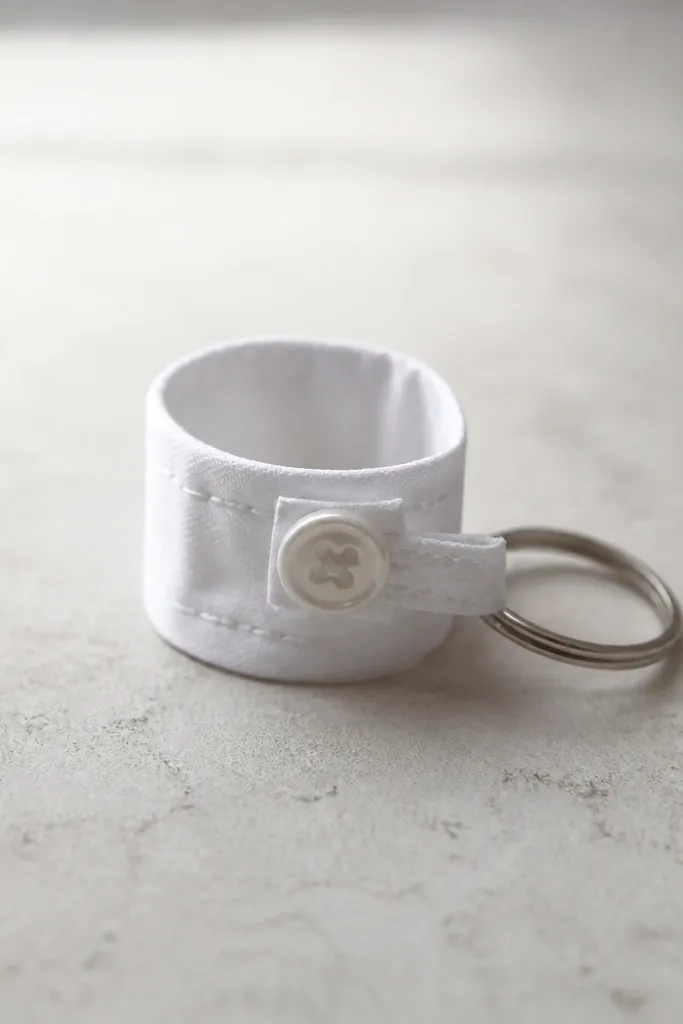A tiny ring made from the cuff of a white button-down shirt. The cuff is folded and stitched, with a small metal key ring attached. A single button is visible near the top, and the fabric is slightly wrinkled in a natural way.