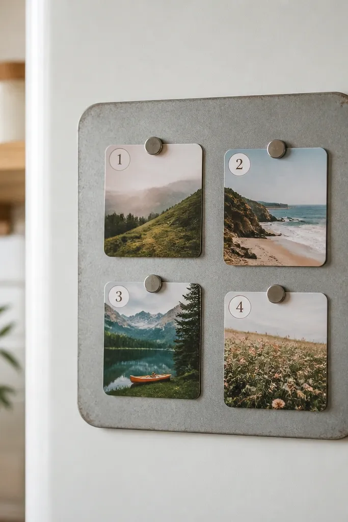 A small magnet board on a fridge with four tiny photo cards. The pieces are arranged in a calendar grid, and each card has a small number sticker. The board is made from a repurposed metal sheet with rounded corners.