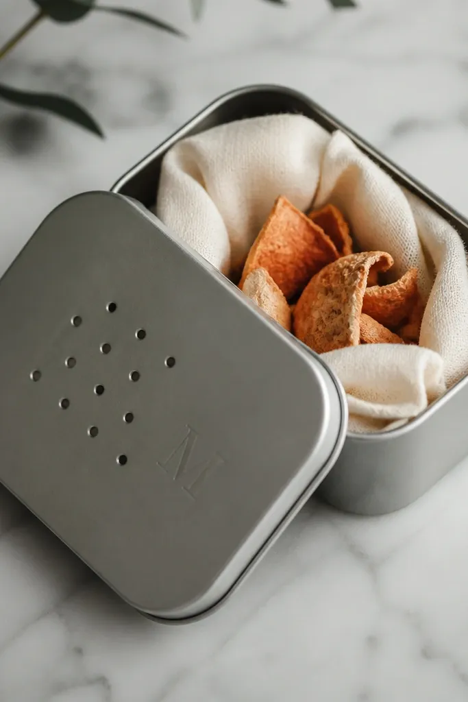 A small rectangular tin with a matte finish and a stamped initial. Inside is a folded piece of muslin with dried citrus peel. Tiny pinholes on the lid let out a fresh smell.