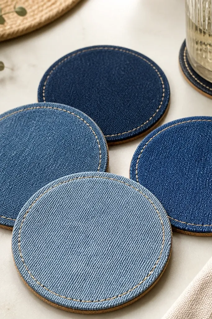 Four denim coasters with visible seam lines and stitched borders. Each sits on a cork circle backing. The coasters are different shades of blue for a subtle patchwork look.