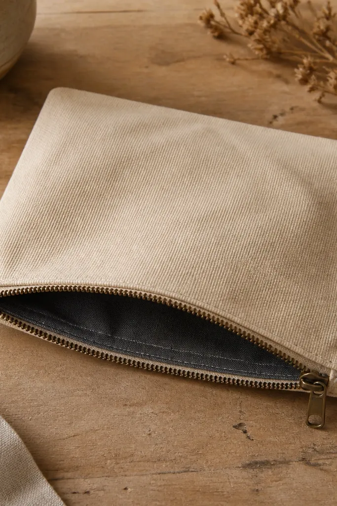 A small rectangular zipper pouch made from sturdy beige canvas. It lies flat on a table, with a metal zipper and a reinforced corner seam. Inside lining is a dark gray cotton.