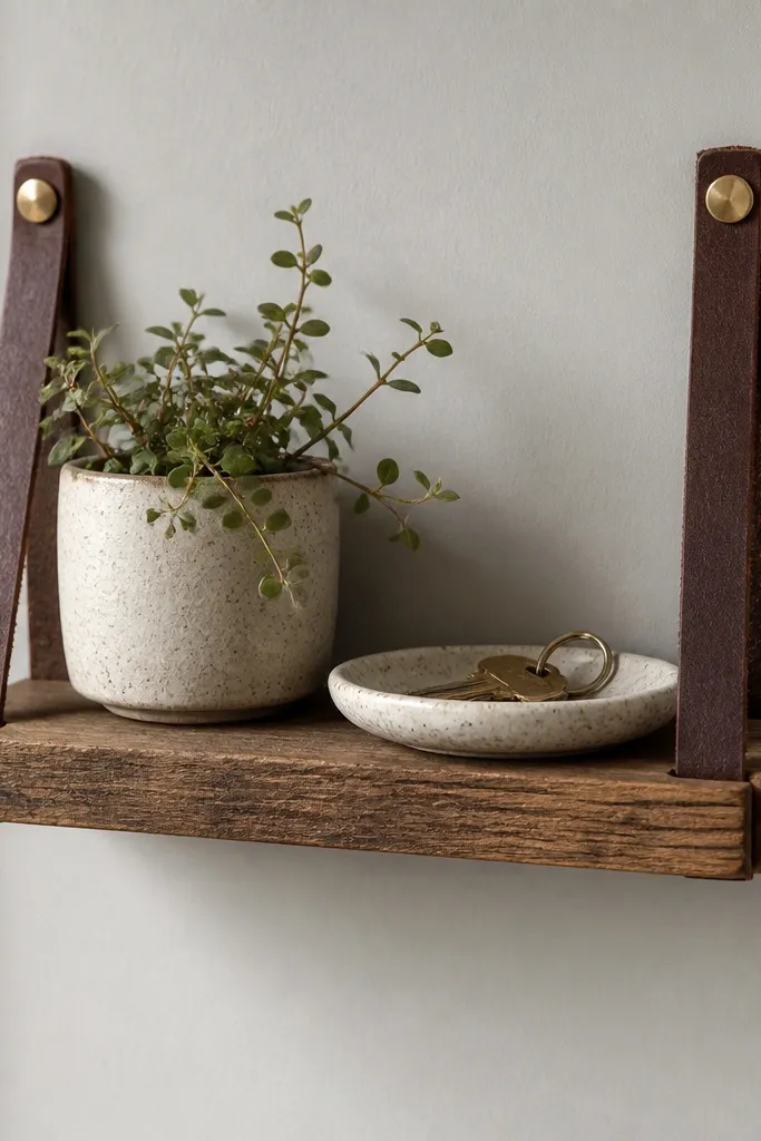 A tiny wall shelf about 8 inches long. It's made from reclaimed wood with visible grain, and it's held by two narrow leather straps attached to the wall. A small plant and a key dish sit on it.