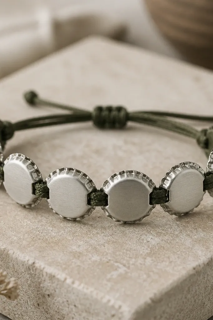 A narrow bracelet made from several bottle caps arranged in a line. The caps are silver with a brushed finish, and they're connected by small fabric loops. The bracelet closes with an adjustable woven cord and a sliding knot.