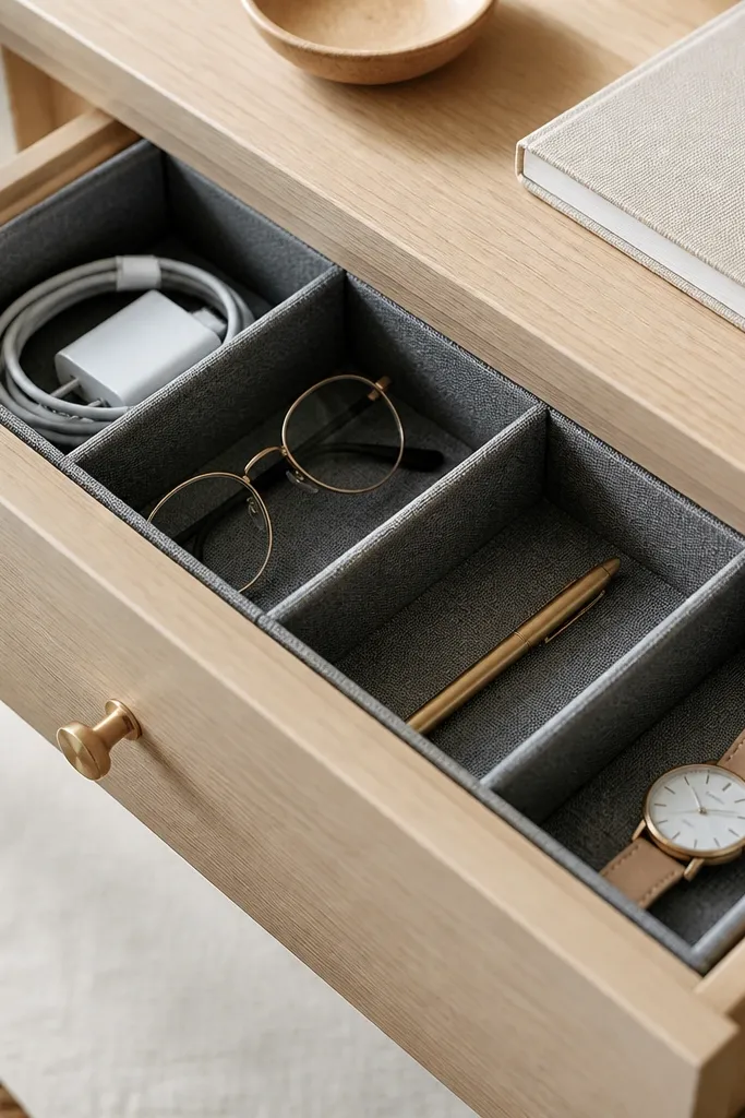 A set of small drawer dividers in a light wood desk. The dividers are made from cardboard, covered in gray fabric with a subtle texture, and they fit snugly into a narrow drawer. Each divider has clean straight edges.