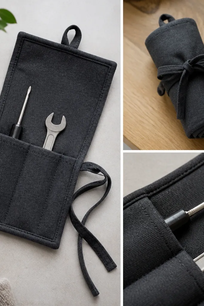 A compact roll-up tool pouch made from dark sweatshirt fabric. Inside are stitched pockets for a mini screwdriver and a small wrench. It rolls closed with a fabric tie and has a small loop for hanging.