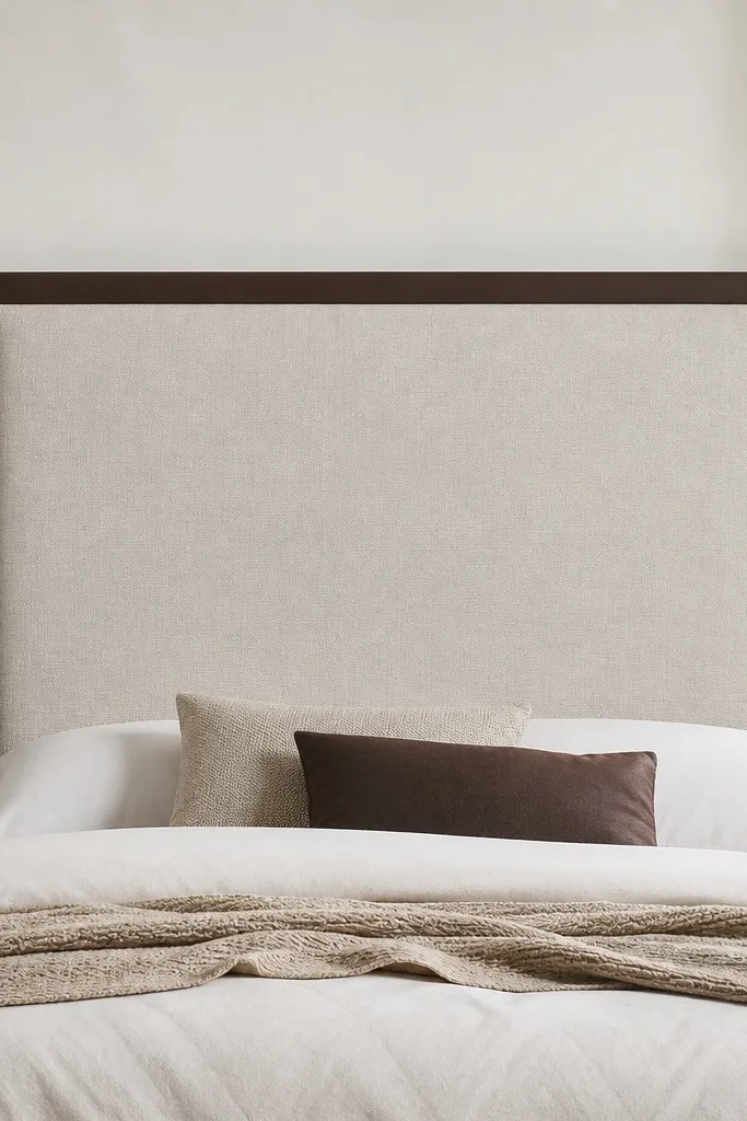 A rectangular upholstered headboard with sharp 90-degree corners. The face is a matte oatmeal fabric. The outer border looks like dark brown faux leather with a clean, even line, and the back staples are not visible from the front.