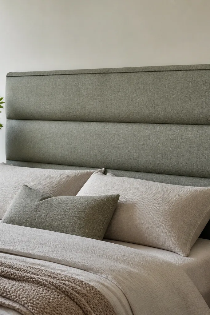 A headboard with three horizontal padded channels. Each channel has a slight dip and clean lines running straight across. Fabric is a muted sage woven, and the top edge has a simple straight skirt-like finish.