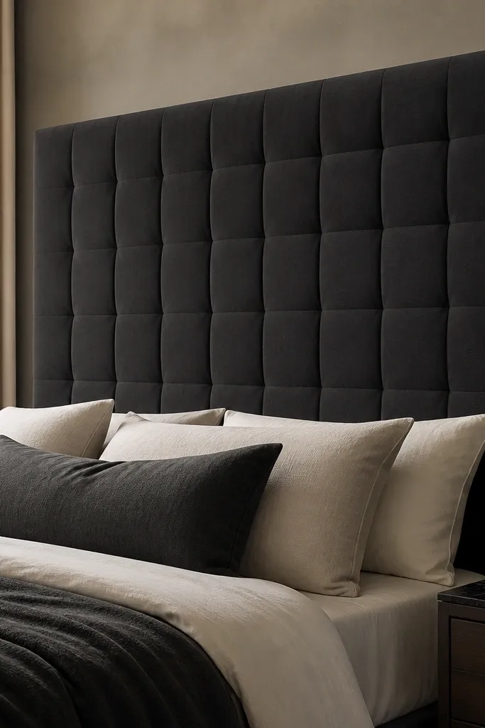 A tall headboard with a grid of small, slightly indented squares across the face. The fabric is a textured performance velvet in deep charcoal. The indents look even and symmetrical without visible buttons.