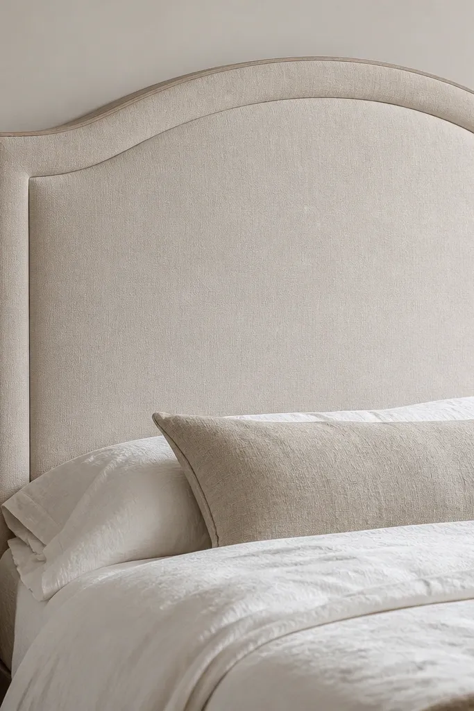A headboard with a wood frame outline. The outer frame is covered in light linen, and inside there is a slightly inset upholstered panel in the same fabric but smoother and tighter. The top has a gentle curve and the sides show a framed edge.