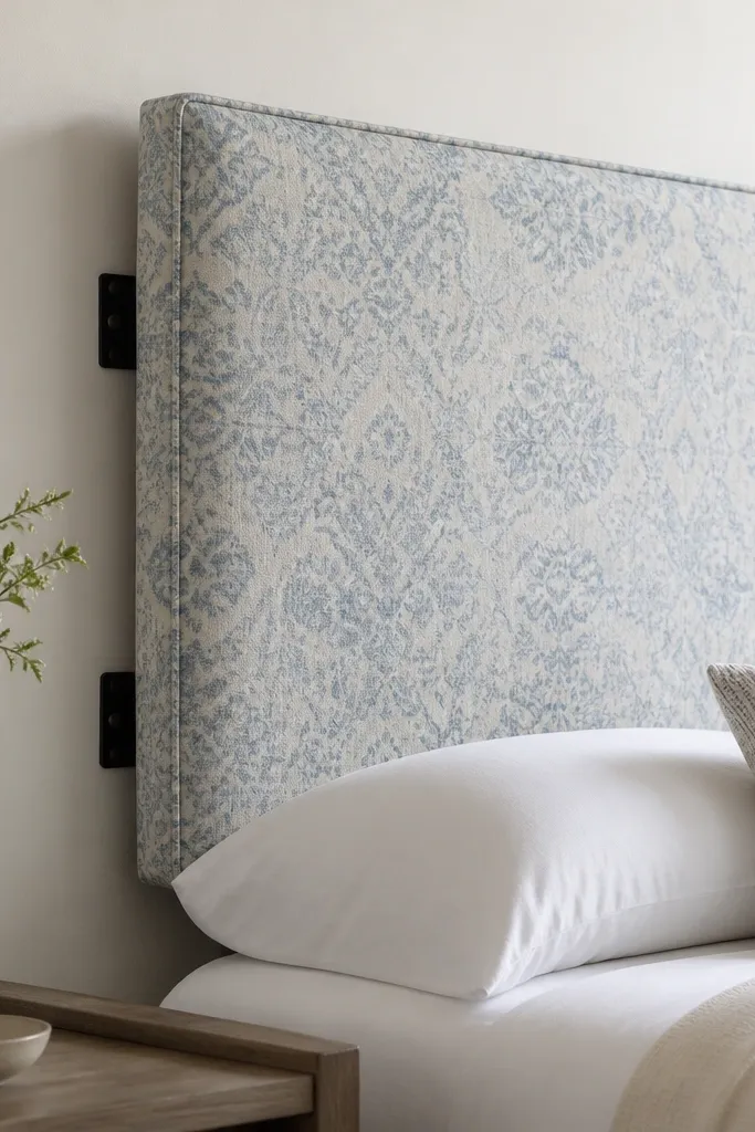 A headboard that looks like a simple upholstered rectangle, but the back mounting points are visible from the side. The front face is a patterned upholstery fabric in muted blue and cream, with straight edges and a neat border.