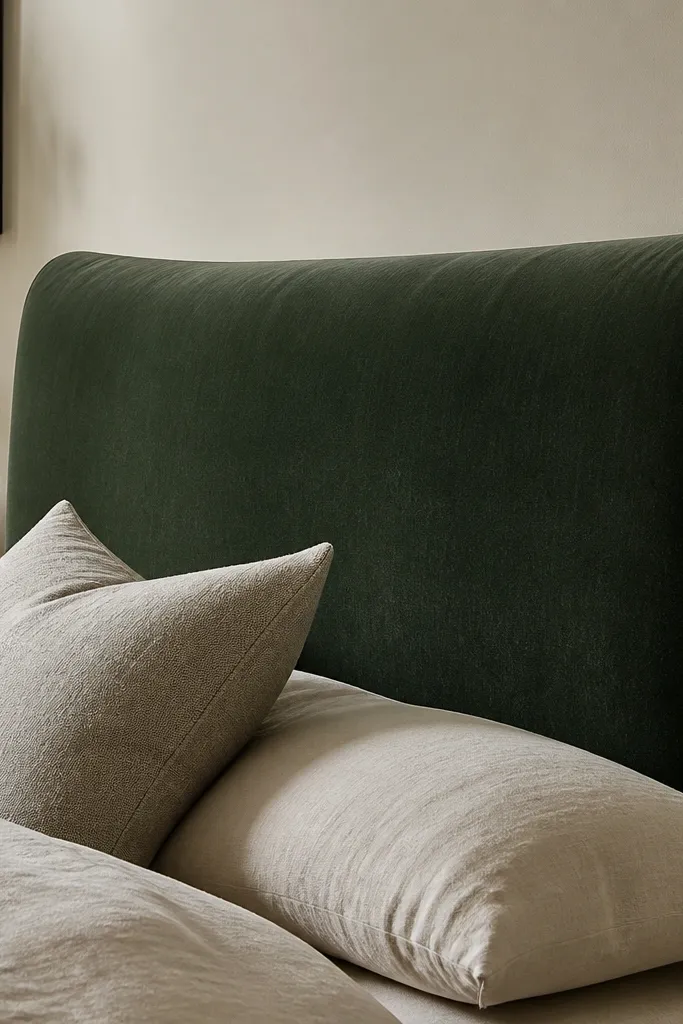 A dark green velvet headboard with a top edge that curves downward slightly like a soft waterfall. The face has a smooth, even nap. The sides have minimal seams and no visible tufting.