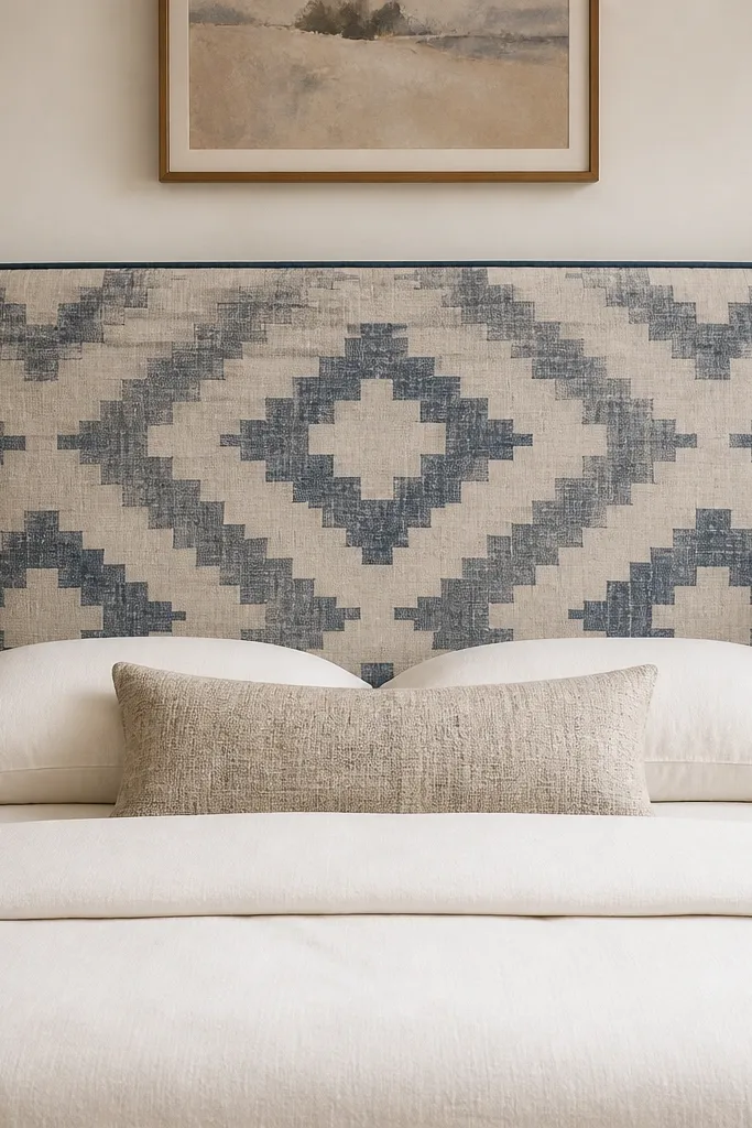 A headboard upholstered in a geometric fabric. The pattern lines up across the width, and the center motif sits straight at the middle. The edges are finished with a narrow contrasting piping.