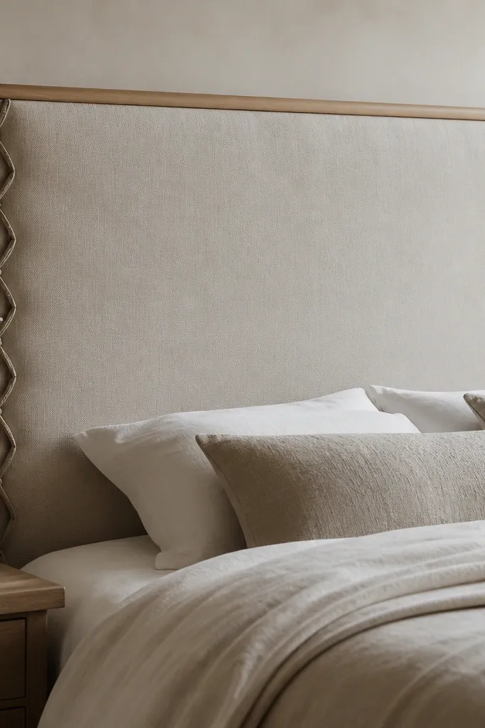 A headboard with a plain upholstered face, but the edges have small repeating dips created by fabric ties. The top rail is straight wood with a thin cushion, and the ties create a subtle decorative border.