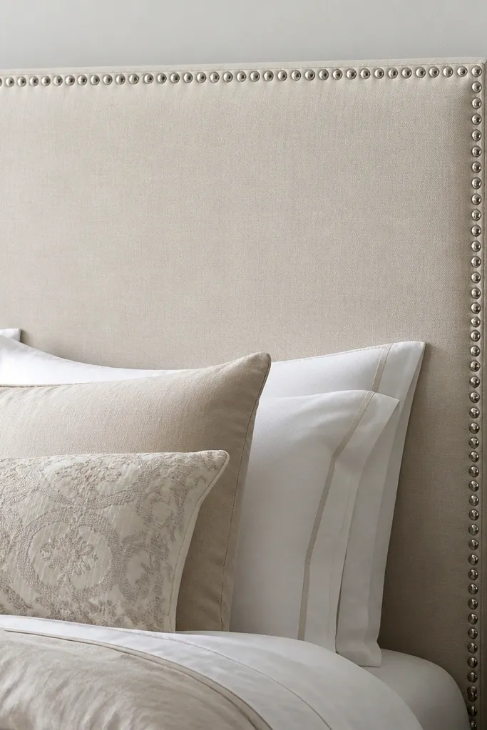 A light linen headboard with small shiny nail trim along the perimeter. The nails are evenly spaced and catch the light. The face is smooth and flat, with no tufting.