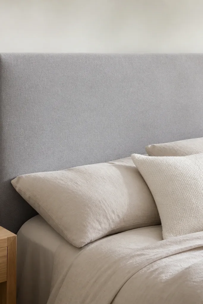 A headboard that looks upholstered but has a removable fabric cover. The cover fits snugly and hides seams. The top and sides show clean folds, and the fabric looks smooth with slight stretch.