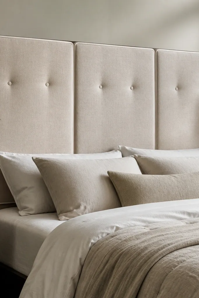 A headboard made from three large linen-covered panels with shallow button tufts. The fabric is light oatmeal, the buttons are fabric-covered, and the edges are trimmed with a narrow white piping. It's mounted to a dark wood frame and sits behind a bed with neutral bedding.
