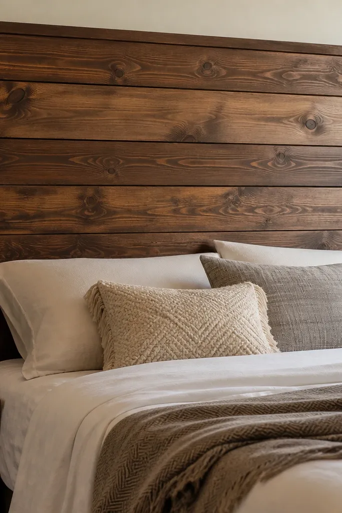 A rustic headboard with horizontal pallet slats, each board showing natural grain. The wood is stained a warm walnut-brown and finished with a satin clear coat. The shape is wide and slightly taller than the bed frame, with a dark wood border around the edges.