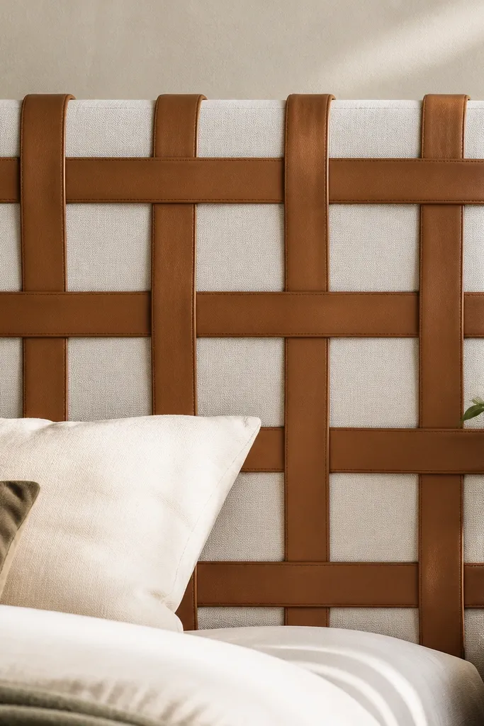 A headboard with a grid of faux leather straps crossing over a soft backing. The straps are caramel brown, tied or stapled at the back, and the front has a clean, slightly stretched look. The background behind the straps is a matte cream fabric.