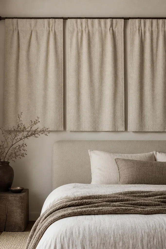 Three fabric panels hung from a wall-mounted curtain rod. The fabric is thick and textured, like oatmeal boucle, with small pleats near the top. The panels drape straight down and stop around the middle of the bed height.