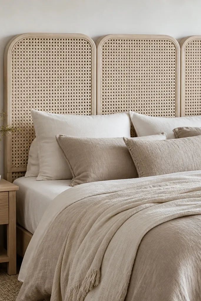 A headboard made of woven rattan or cane mats mounted behind a bed. It has a light whitewash finish, with visible weave patterns and rounded edges. The bed is styled with neutral bedding and a light wood nightstand.