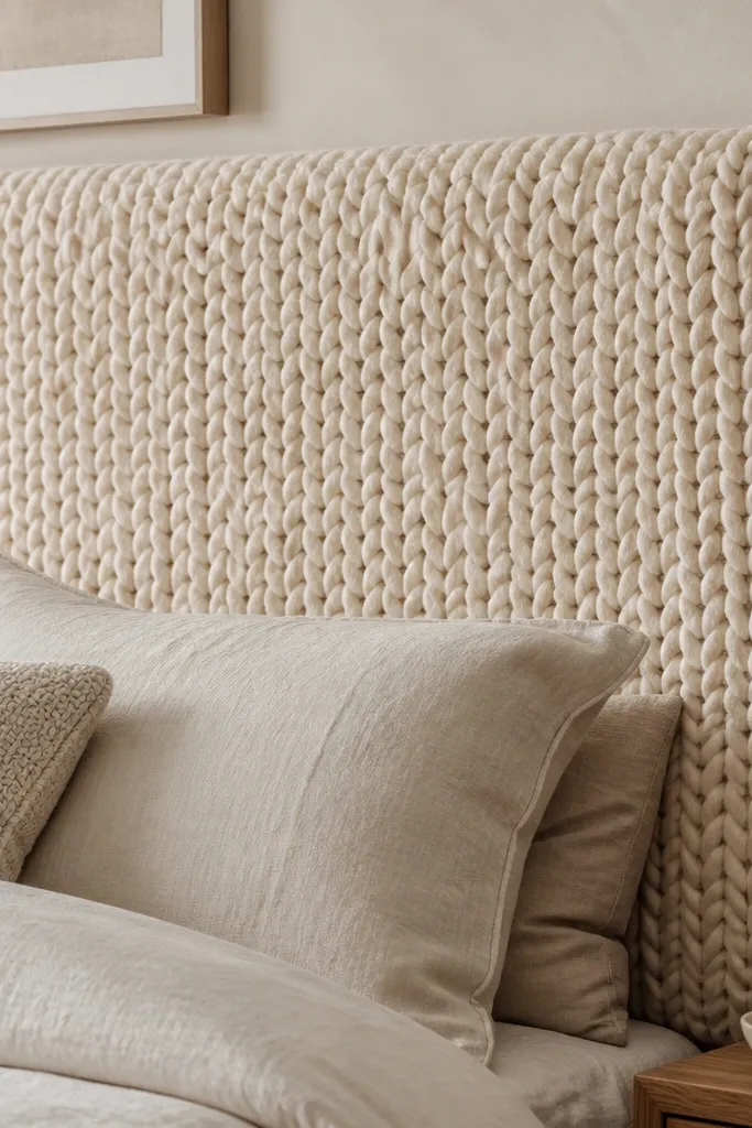 A headboard surface made from a chunky cream knit blanket draped over foam panels. The knit looks thick and cozy, with visible loops and a slightly uneven hand-made texture. Edges show a clean wrap around a wood frame.