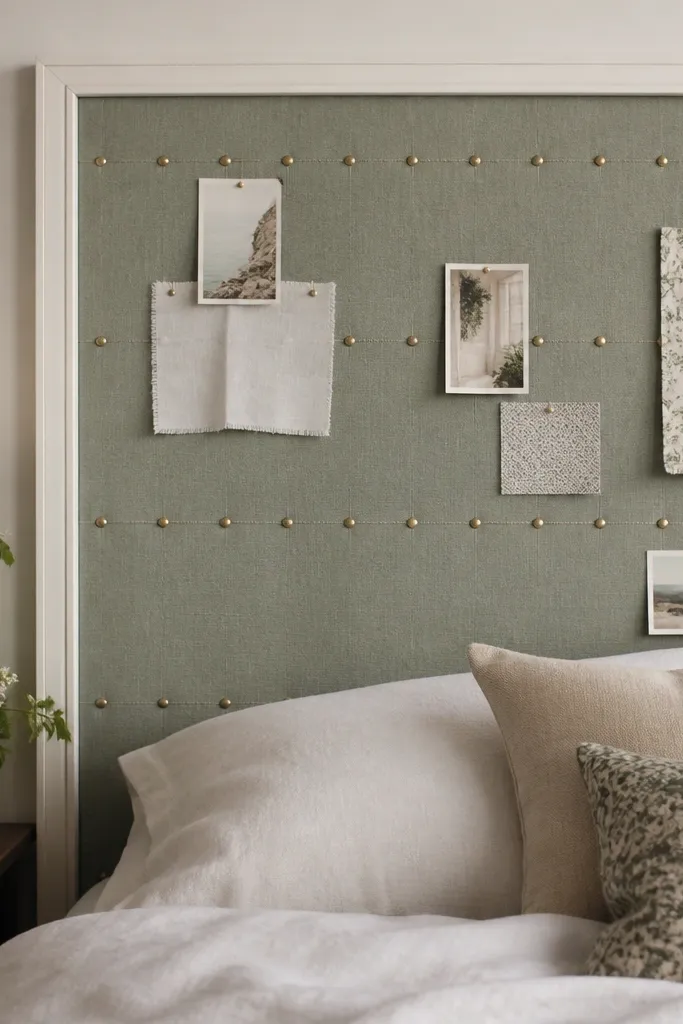 A headboard made from cork panels covered in muted sage fabric. Small gold pushpins line up in neat rows, holding fabric scraps or photos. The edges are framed with thin wood trim painted off-white.