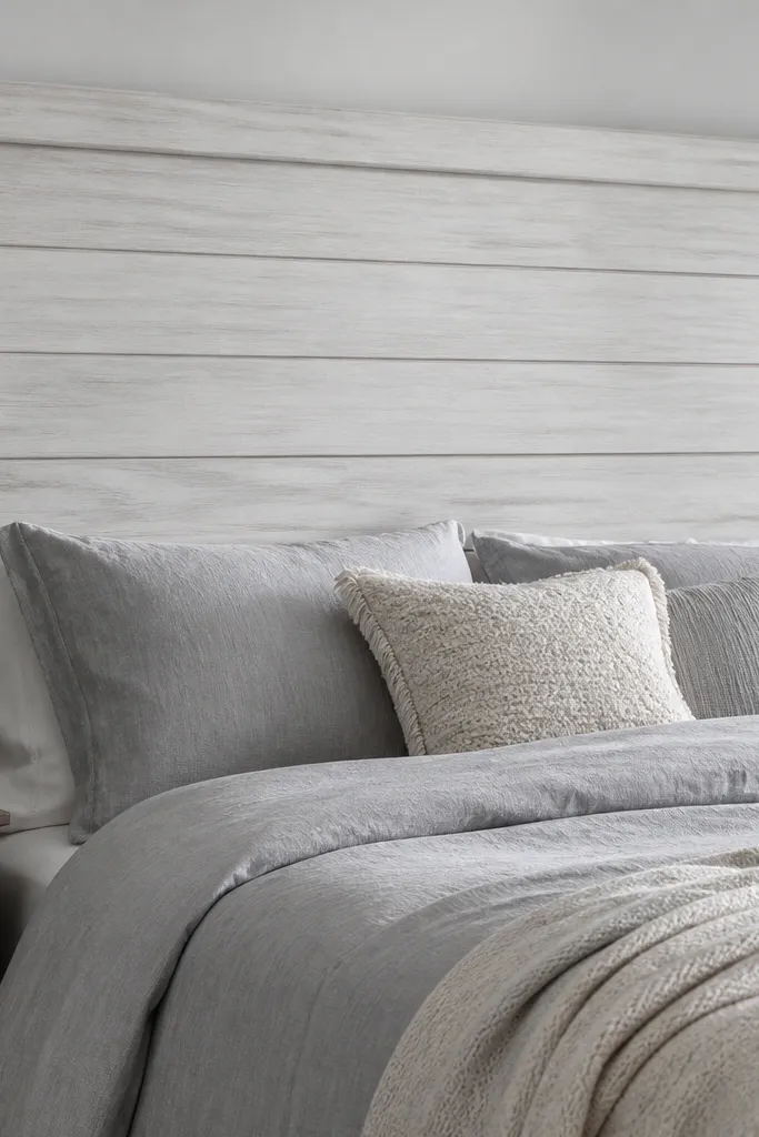 A white and light grey faux shiplap headboard with horizontal boards and thin shadow gaps. The paint has a soft glaze so the grain lines show subtly. The headboard has a simple rectangular frame and sits behind a bed with grey bedding.