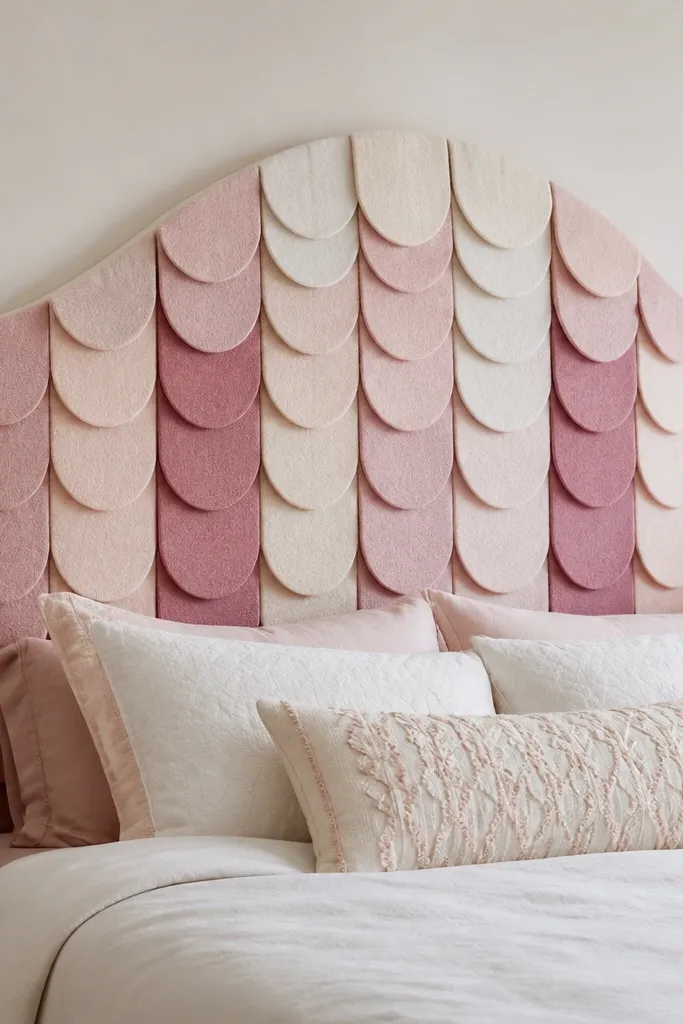 A headboard made from layered felt garlands in overlapping scallops. Colors include cream, blush, and dusty rose, arranged in vertical rows. The top edge forms a gentle arch shape, and the garlands are attached to a sturdy backing board.