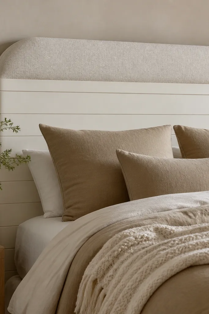 A headboard where the lower two-thirds is horizontal shiplap boards painted warm white. The top third is upholstered with a soft fabric rail, with a curved edge and thick padding. The bed is styled with tan pillows and a cream throw.