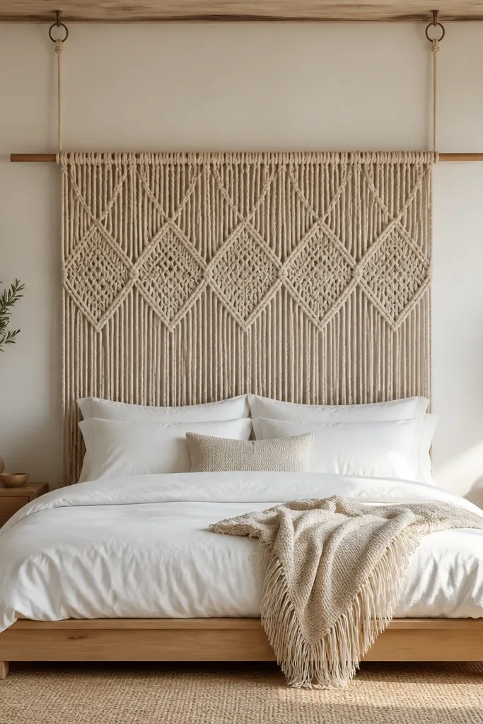 A macrame headboard hung from two ceiling-mounted rings and a rod, with thick rope strands forming a large diamond pattern. The rope is natural beige and the bottom fringe hangs straight. It sits behind a bed with white bedding and a light wood frame.