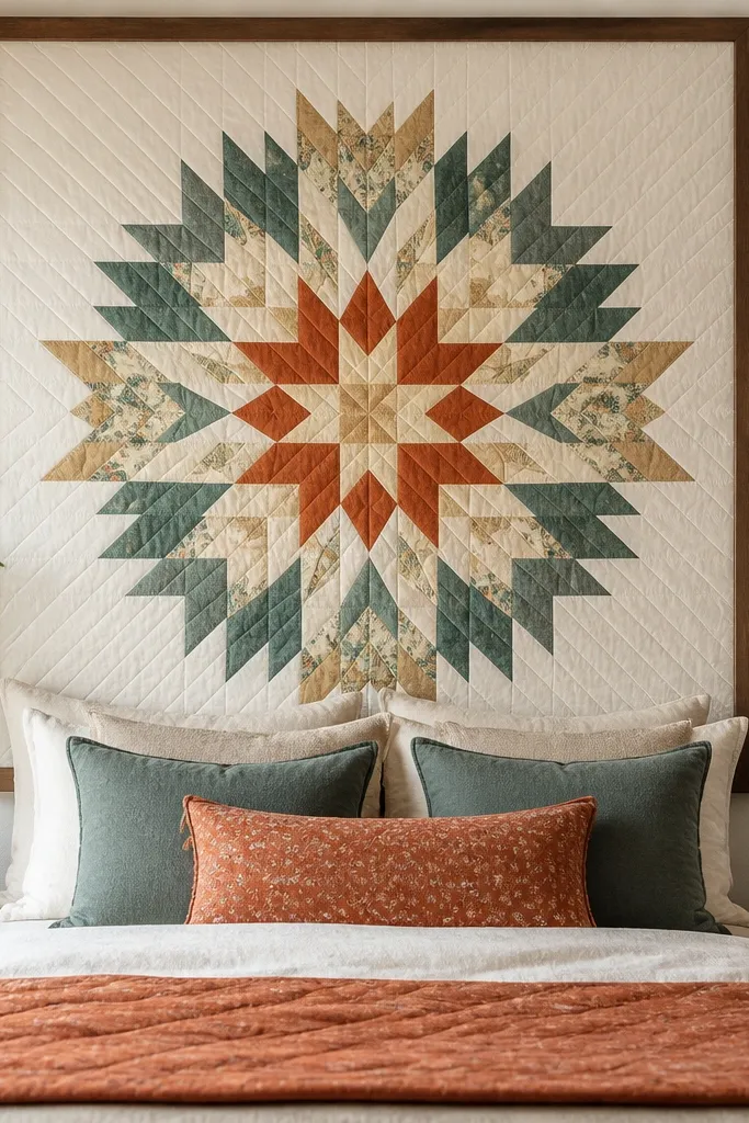 A patchwork quilt mounted behind a bed, with its pattern centered and the edges pulled tight. The quilt has warm tones like rust, cream, and muted teal. The backing is a clean white fabric, and the quilt edges are framed with wood trim.