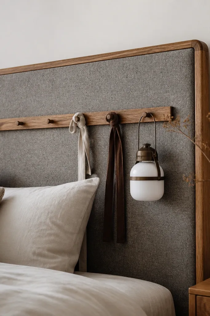 A headboard with a felt-covered surface and a small peg rail system. The felt is warm grey, and the pegs hold a few fabric ties and a small lantern. The wood frame is stained medium oak.
