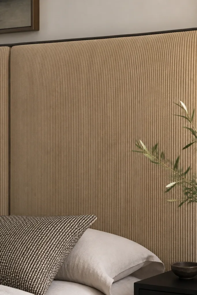 A vertical-corduroy headboard in warm sand color with visible fine ridges. The edges have dark charcoal welt trim. The headboard is made of two tall panels separated by a straight seam line.