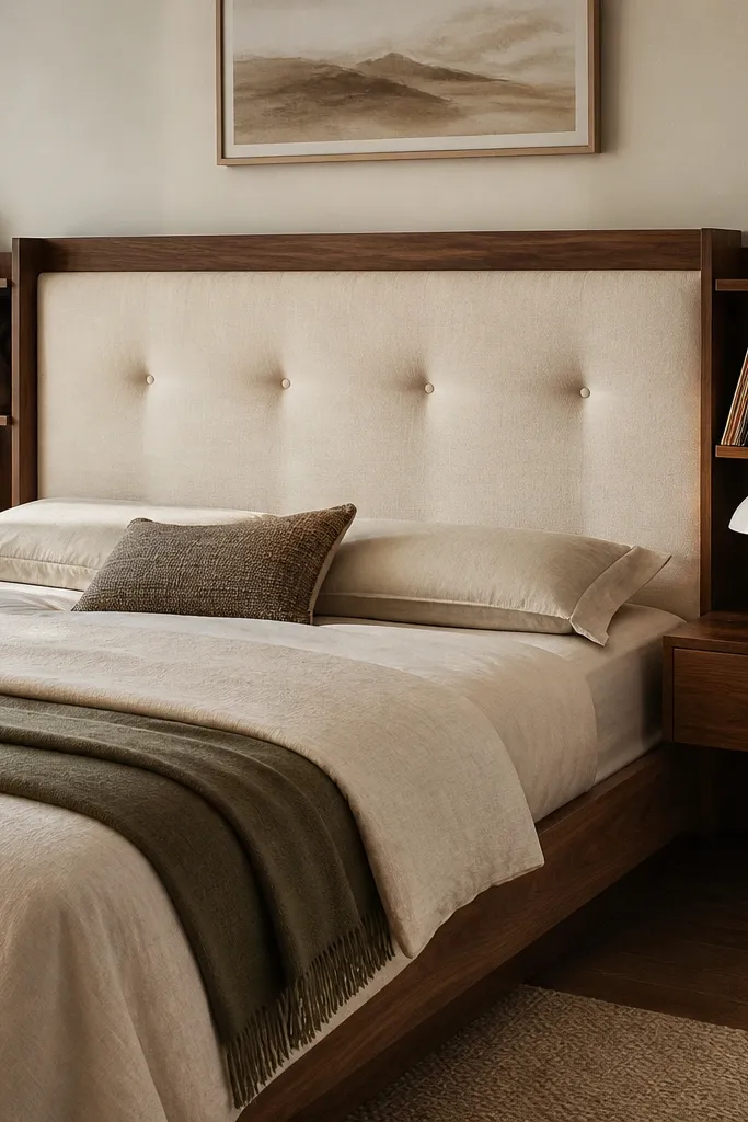 A headboard that mixes soft upholstery with built-in record shelves. The back is a padded cream fabric with a few tufted buttons, and the sides have floating shelves with vinyl records. The wood is walnut toned.