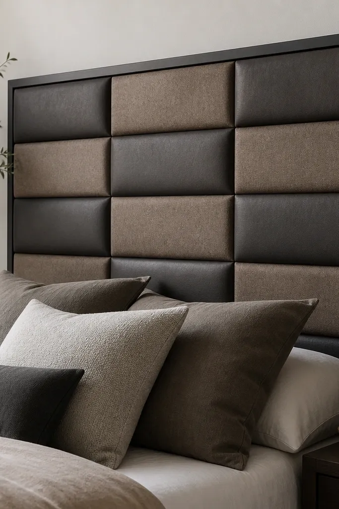 A headboard made from alternating rectangular blocks of dark faux leather and warm felt. The blocks are arranged in a grid with subtle spacing, and the overall surface has a slightly padded look. The edges are framed in black painted wood.