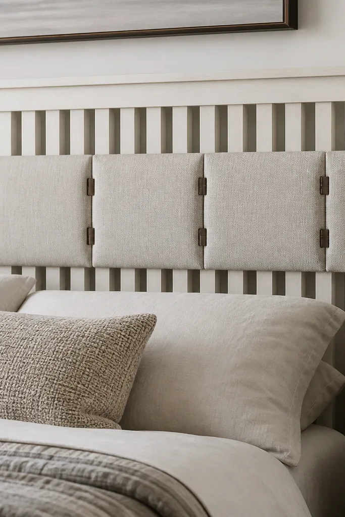 A wood slat headboard with a row of fabric-hinged panels across the center. The fabric pieces look like small cushions attached with hinges, and they sit between the slats. The wood is painted off-white with visible grain.