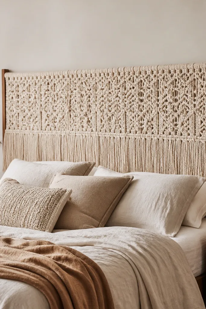 A wide headboard made from a large macrame runner with dense knots and a thick fringe at the bottom. The runner is cream-colored, stretched over a wooden frame with clean end caps. The knots create a soft, airy pattern.
