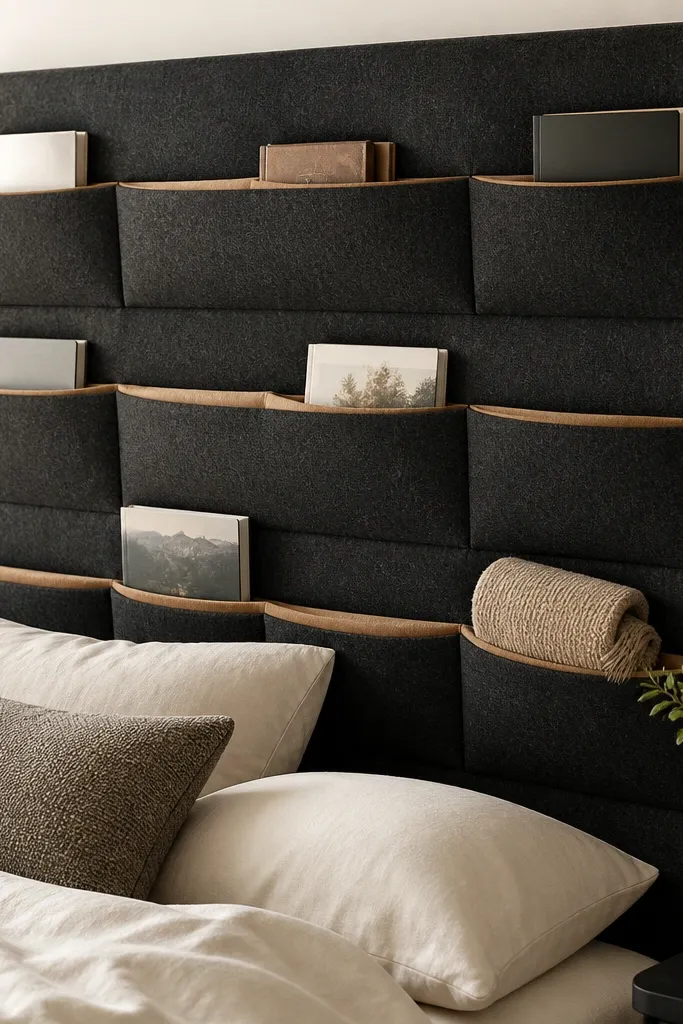 A tall felt headboard with multiple pockets stitched in rows. The felt is warm charcoal, and the pockets are lined with a soft tan fabric. Several books and a small folded blanket sit in the pockets.
