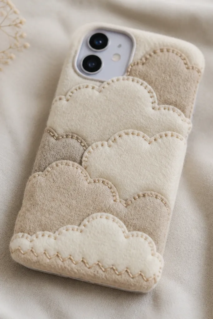 A phone case covered with layered cream and oatmeal wool-felt cloud shapes. Each cloud edge has visible hand-stitch lines in tan thread, and the bottom has a soft zigzag seam. The camera cutout is clean and the corners look rounded, not bulky.
