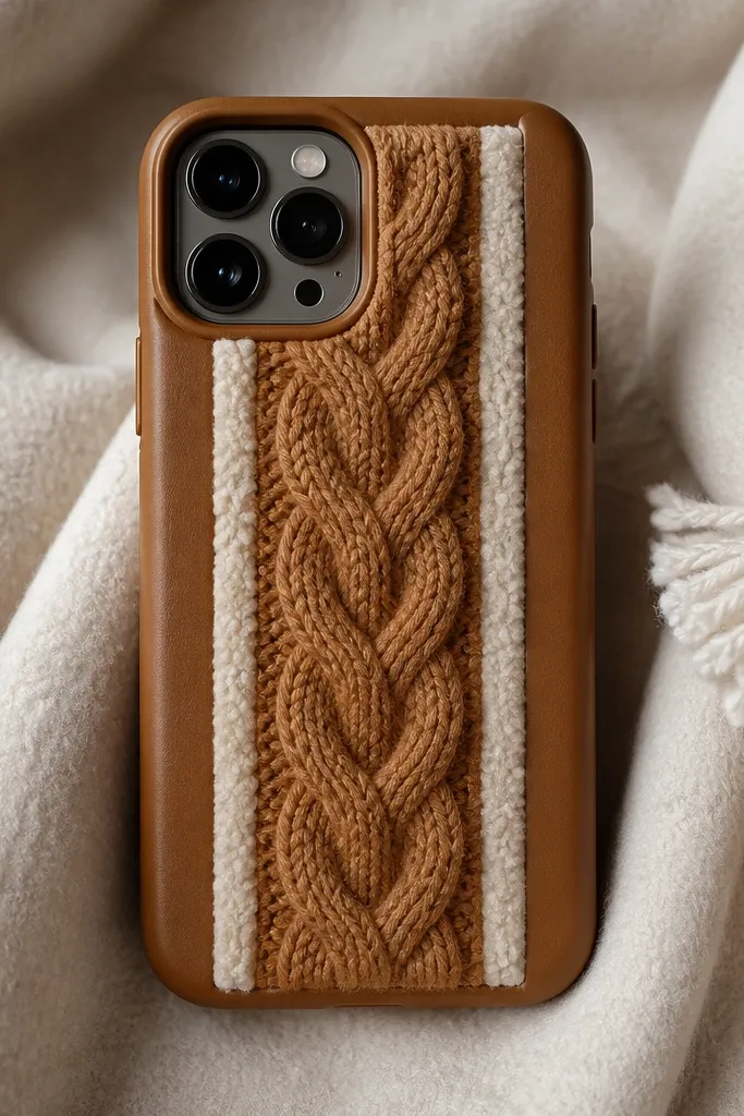 A caramel-brown phone case with a vertical cable-knit stripe in a thicker knit fabric. Behind it, you can see a soft lighter fleece border that frames the knit. The top and bottom edges are straight and neatly trimmed around the camera opening.